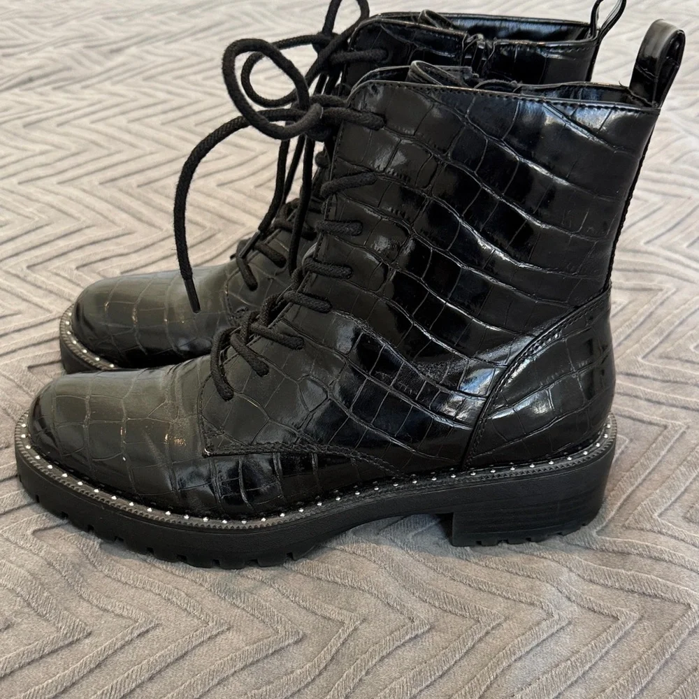 A New Day Black Croc-Embossed Lace-Up Comabt Boots - Picture 4 of 14